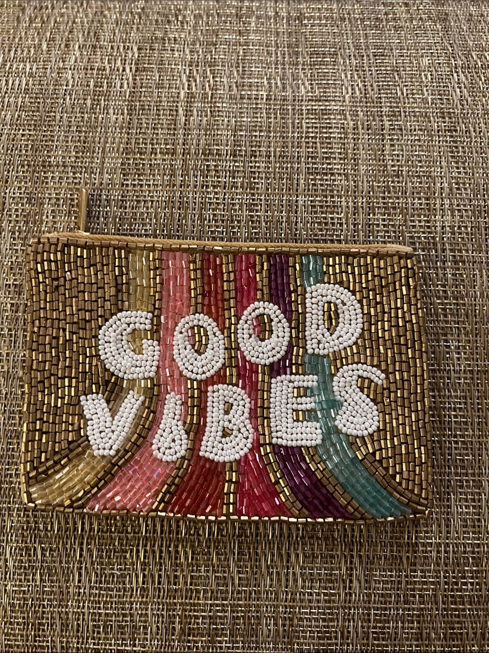 Beaded 'Good Vibes' Gold Pouch